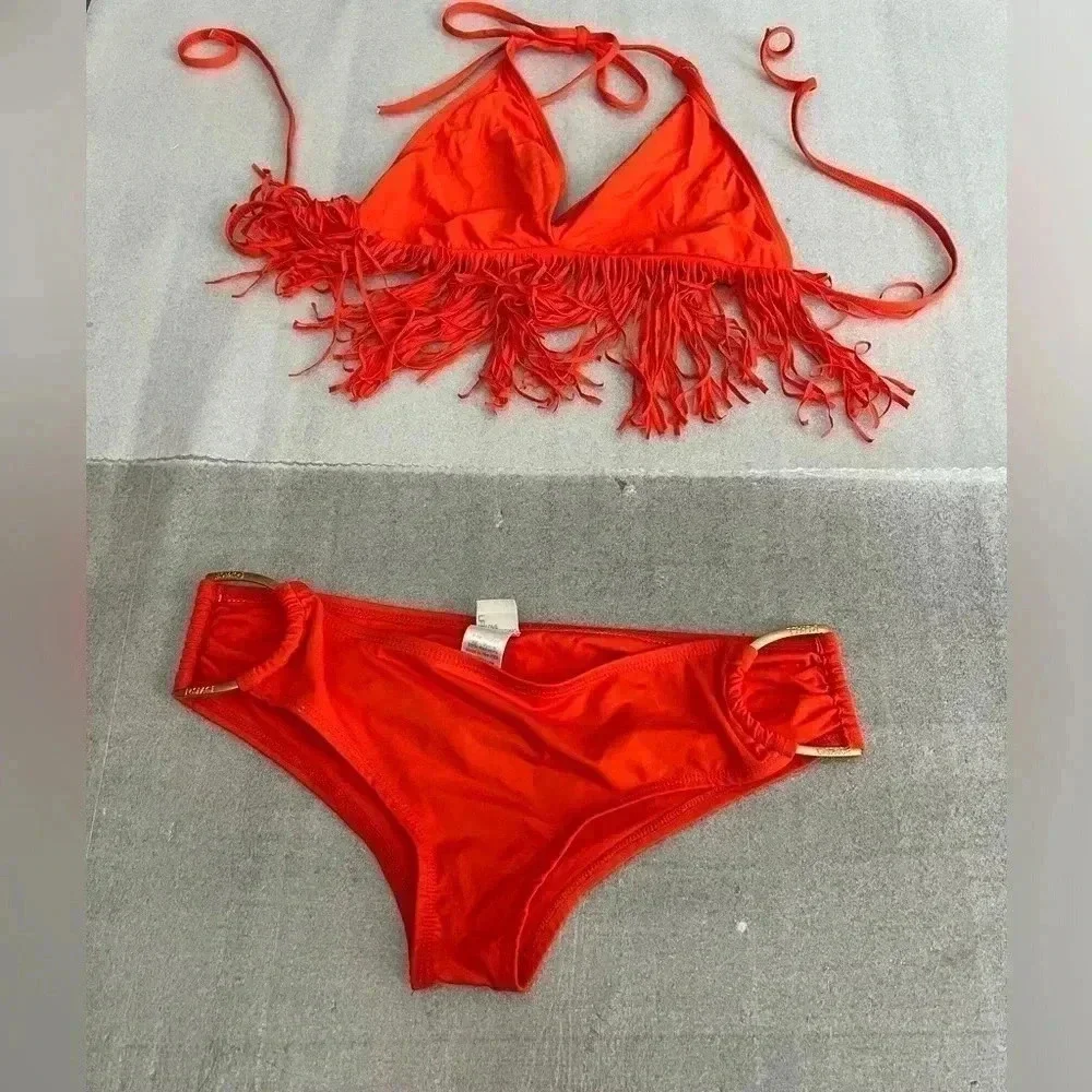 [D cup/ Medium] L*Space Paprika Fringed Halter Top & D Ring Bottom Bikini Set - Picture 4 of 8